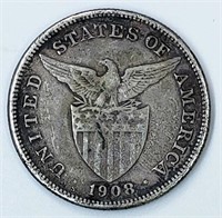 1908 Philippines Silver One Peso Coin