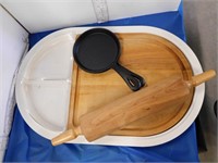 ROLLING PIN,, CAST FRYING PANS, TRAY WITH CUTTING