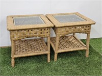 PAIR OF RATTAN STAND WITH GLASS TOP INSERT