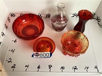 Red glassware, vase, bowls, jug