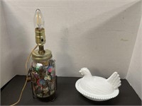 VINTAGE BUTTON JAR LAMP AND VINTAGE MILK GLASS
