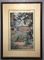 Signed Oriental Woodblock Print Temple Scene