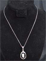 Silver w/ Onyx & Marcasite Pendant & Chain