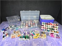 Large lot of sewing thread & storage