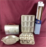 Old Metallic Thermos Lunchbox, Muffin Pans, Pie