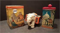 TWO ELEPHANT TINS + CHINA ELEPHANT