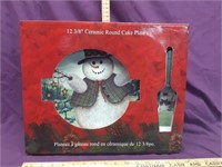 12 3/8 Ceramic Snowman Xmas Round Cake Plate Set