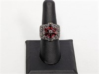 .925 Sterling Red Stone Wide Ring Sz 7.5