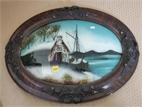 Antique Reversed Glass Painting of Boathouse