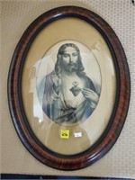 Antique Jesus Religious OvalPicture in BubbleGlass