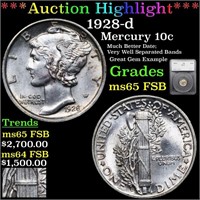*Highlight* 1928-d Mercury 10c Graded ms65 FSB