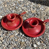 (2) Primitive Metal Candle Holders Red