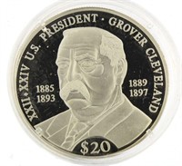 2000 Liberia .999 Silver Proof $20 Pres. Cleveland