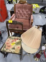 PINK UPHOLSTERED ACCENT CHAIR, CARVED ROSE ACCENT