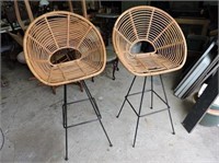 Pair of Ratan Bar Chairs, Metal Base