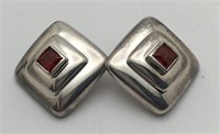 Sterling Silver Clip Earrings W Red Stone