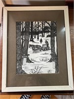 Framed Vermont Maple sugaring print on fabric