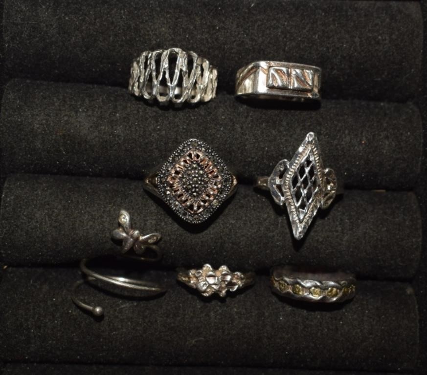 Six Sterling Rings & Costume Ring w/ Marcasite