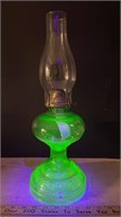 Vintage Uranium Glass Oil Lamp w/Chimney (18"H)