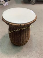 Wicker, drum shaped seat, white leather top, 15