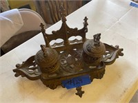 Antique Solid Brass Double Inkwell stand