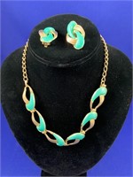 Set Gold Tone Earrings & Necklace w Aqua Stones