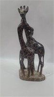 Wooden mama giraffe and 2 babies sculpture 13in