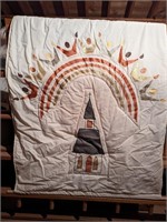 Vtg Quilted Banner, Hand Stitched Church & Rainbow