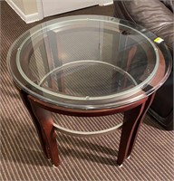 ROUND WOOD & GLASS SIDE TABLE 28X28X24H