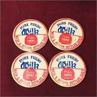 Lot Of 4 Generic Milk Bottle Tops (Vintage)