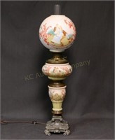 Satin Glass Hand Painted Oil Lamp 3 Part