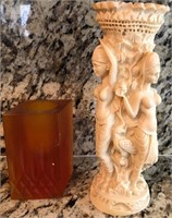 E - VINTAGE BALINESE RESIN VASE & CANDL HOLDER