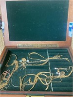 Lot - Wooden Jewelry Box w/ Misc Gold Color Chains
