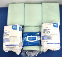 Box of Bed Pads & Adult Diapers & Wipes