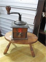 Small antique wood stool &  antique coffee grinder