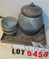 stoneware covered jar, 3 rice bowls & tray