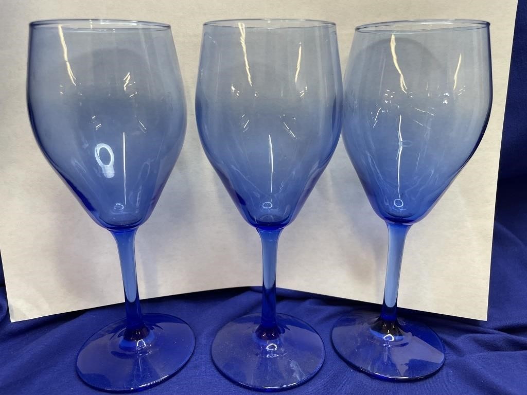 Three 6 3/5” Blue Wine Glasses