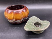 (2) Ceramic Pumpkin Planter, Leaf Ikebana Vase