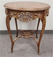 Antique carved & inlaid parlor table - 26" dia. x