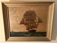 Framed tall ship print measures 33“ x 27