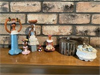 Multicultural Statuettes and 2 Jewelry Boxes.