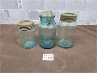 3 Vintage blue glass jars
