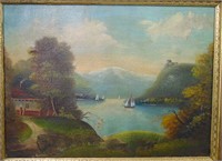 Hudson River Style Oil on Burlap Painting