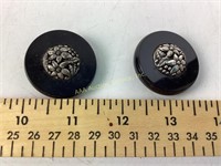 (2) black Bakelite & silver tone buttons metal