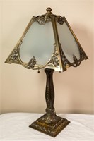 Brass Four Panel Table Lamp Fogged Glass Shade
