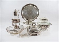 Silver Plate Serving Dishes, Carafe, Bread Basket
