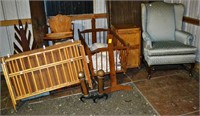 Wing chair, file cabinet, cradle, high chair, play