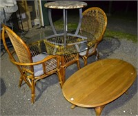Glass top table, 2 rattan chairs, oak coffee table