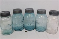 5 Mixed Blue/Clear Qt. Mason+Altlas Jars Zinc Lids