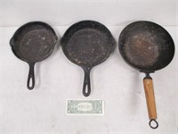 3 Cast Iron Skillets Frying Pans - 1 Wood Handled